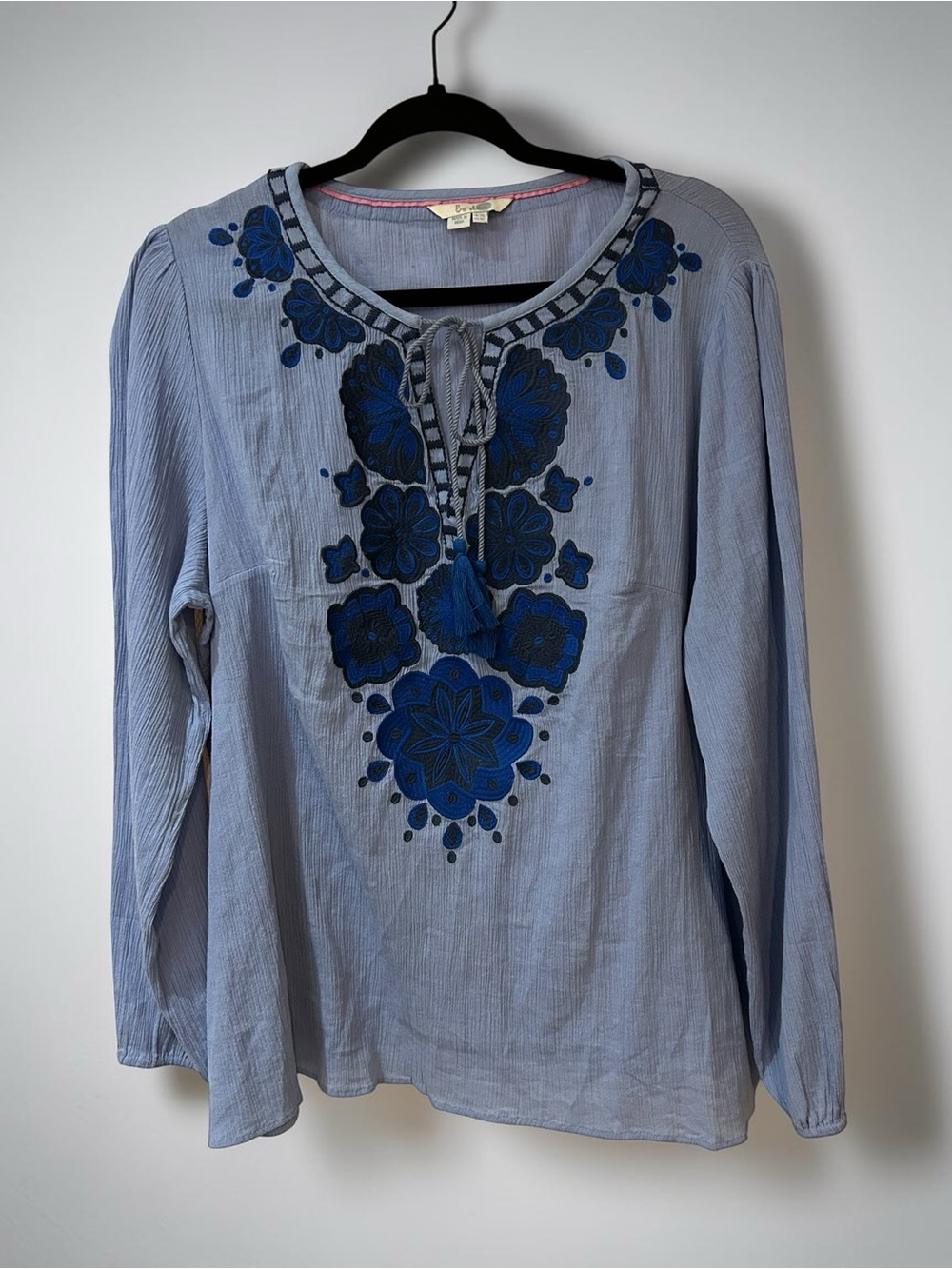 Boden size 16   Blue Embroidered Peasant Blouse with Tassel Tie